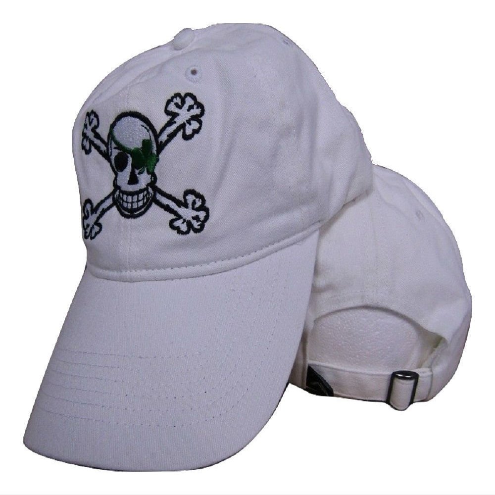 AES Shamrock Pirate Jolly Roger Blarney Bones Irish White Embroidered Cap Hat