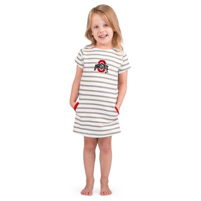 Little King NCAA Toddler Girls Short Sleeve Striped Dress-French Terry with Embroidered Team Logo-Ohio State-Red Trim-3T