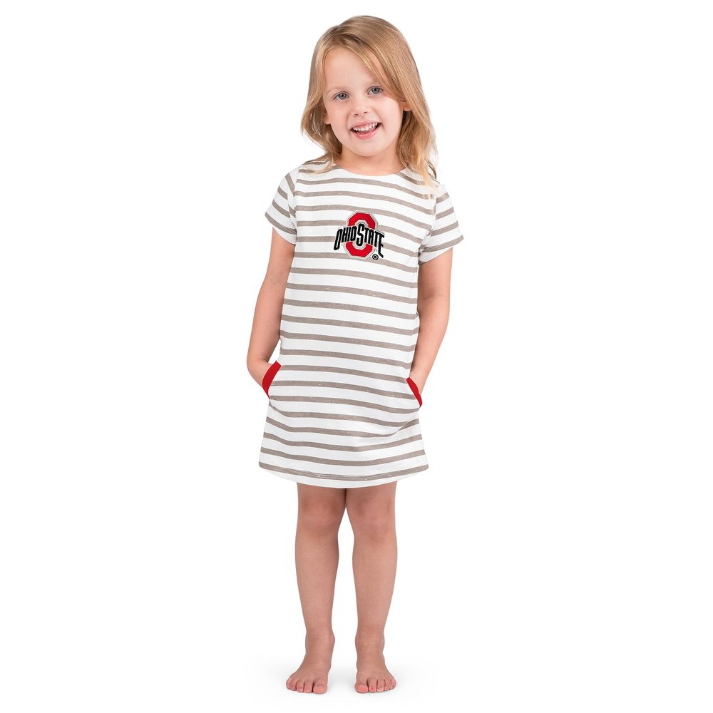 Little King NCAA Toddler Girls Short Sleeve Striped Dress-French Terry with Embroidered Team Logo-Ohio State-Red Trim-3T