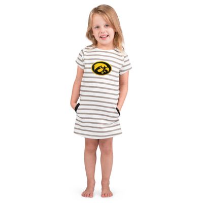 Little King NCAA Toddler Girls Short Sleeve Striped Dress-French Terry with Embroidered Team Logo-Iowa-Black Trim-4T