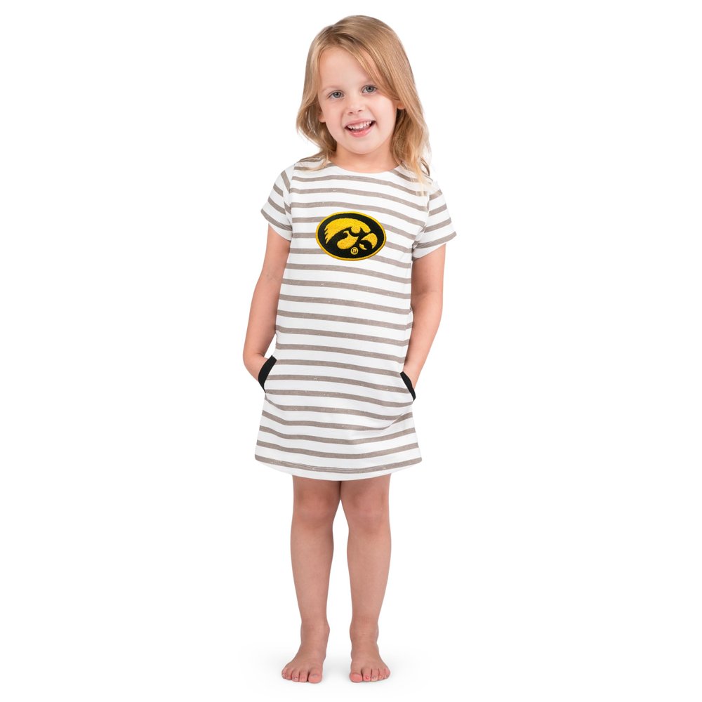 Little King NCAA Toddler Girls Short Sleeve Striped Dress-French Terry with Embroidered Team Logo-Iowa-Black Trim-4T