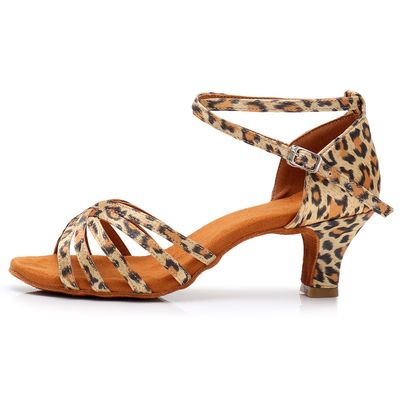 SWDZM Women's Latin Dance Shoes Satin Ballroom Salsa Performence Practice Dance Shoes,Heel-5CM,EM213 Leopard 5.5 US