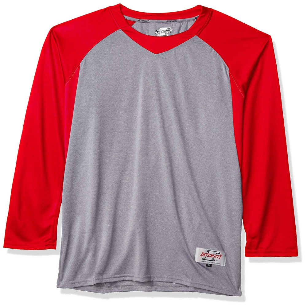 Intensity Mens Raglan Baseball Tee, Oxford/Scarlet, X-Large