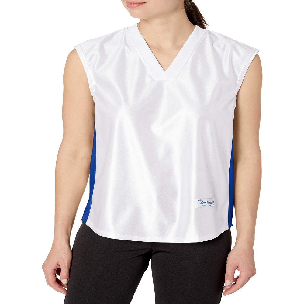 Intensity Womens Dazzle V-Neck Side Panel Basketball Jersey, White/Royal, Large