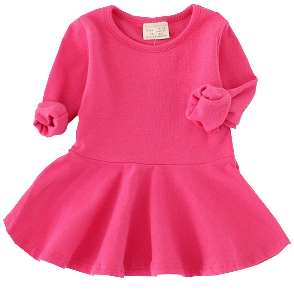 Csbks Toddler Baby Girls Long Sleeve Cotton Dress Solid Ruffle Tops 2T Rose Red