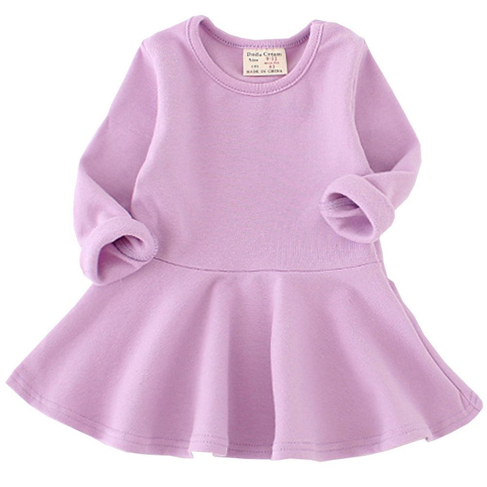 Csbks Toddler Baby Girls Long Sleeve Cotton Dress Solid Ruffle Tops 3T Purple