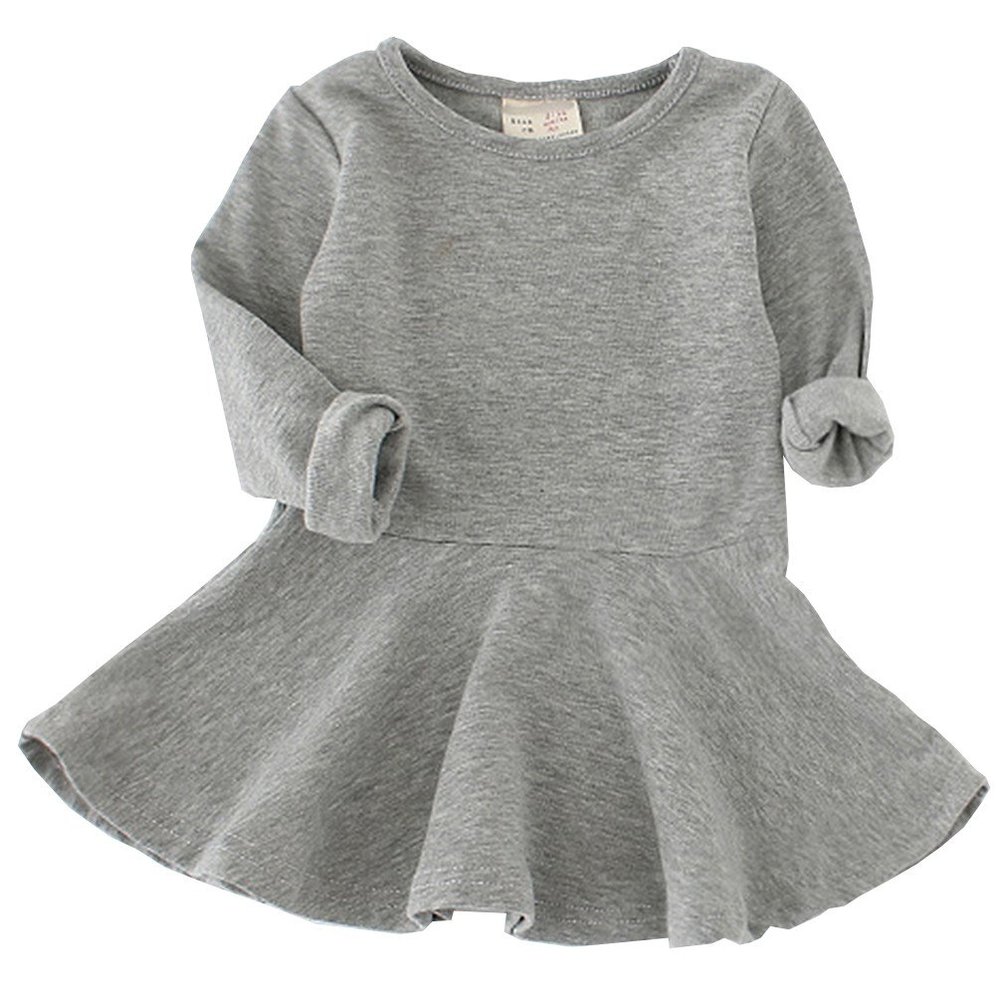Csbks Toddler Baby Girls Long Sleeve Cotton Dress Solid Ruffle Tops 12 Months Gray