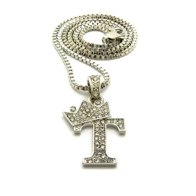 NYFASHION101 Stone Stud Tilted Crown Initial T Micro Pendant with 2mm 24" Box Chain Necklace, Silver-Tone