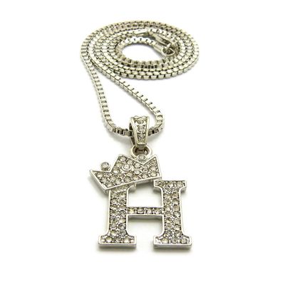 NYFASHION101 Stone Stud Tilted Crown Initial H Micro Pendant with 2mm 24" Box Chain Necklace, Silver-Tone