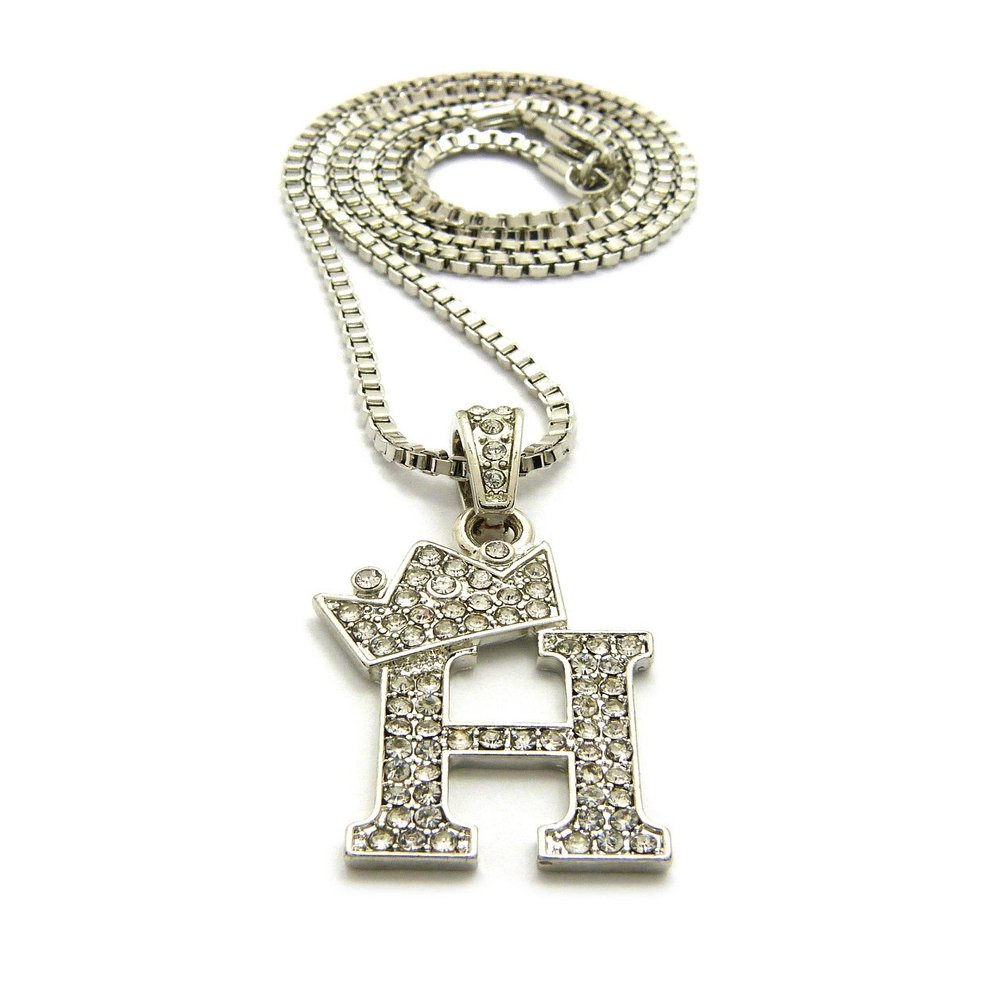 NYFASHION101 Stone Stud Tilted Crown Initial H Micro Pendant with 2mm 24" Box Chain Necklace, Silver-Tone