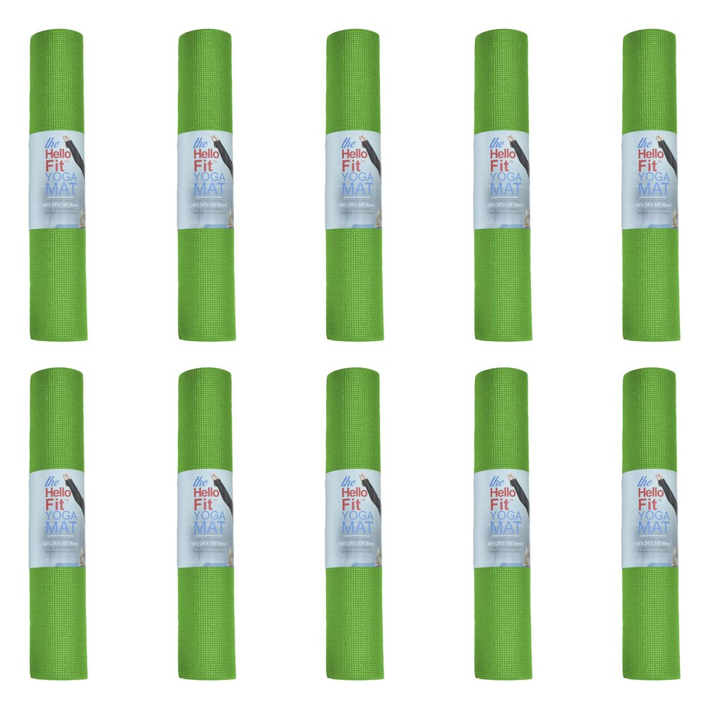Hello Fit 10-Pack Kid-Friendly Yoga Mat, 68" x 24" Non Slip Exercise Mat, 4mm Non Toxic Yoga Mats for Kids, Easy to Clean, Bulk Workout Mats for Schools, Classrooms, and Studios, Green