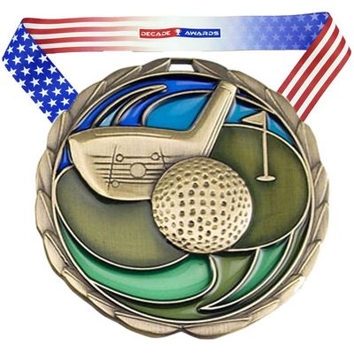Decade Awards Colorful Golf Medal - Gold 1st Place Golf Medal with Stars and Stripes Ribbon, 2.5 Inch - Custom Engraved for Tournaments, Scrambles and Club Events - Customize Now (Gold-SSNB)