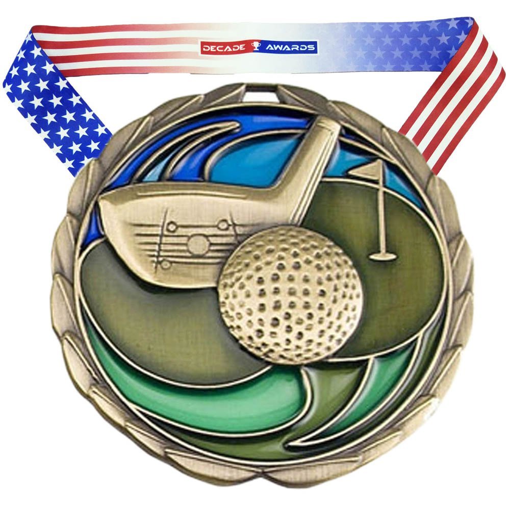 Decade Awards Colorful Golf Medal - Gold 1st Place Golf Medal with Stars and Stripes Ribbon, 2.5 Inch - Custom Engraved for Tournaments, Scrambles and Club Events - Customize Now (Gold-SSNB)