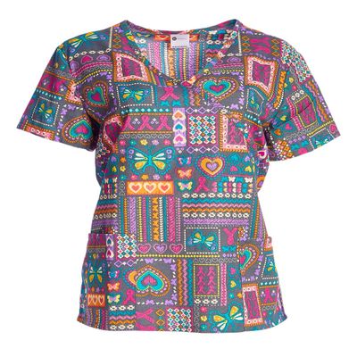 24|7 Comfort Scrubs Women's Butterfly and Heart V Neck Crossover Scrub Top Shirt, Butterfly/Heart, Small