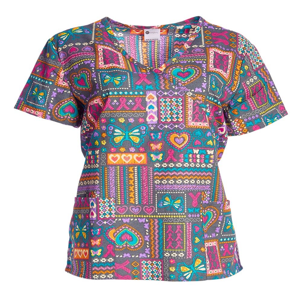 24|7 Comfort Scrubs Women's Butterfly and Heart V Neck Crossover Scrub Top Shirt, Butterfly/Heart, Small