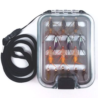 The Fly Fishing Place Nymph Fly Assortment - Essential Bead Head and Double Bead Nymphs Fly Fishing Flies Collection - 15 Trout Flies with Lanyard Waterproof Fly Box - Anglers Gift Set
