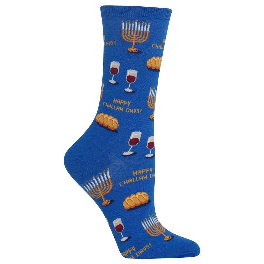 Hot Sox womens Holiday Fun Novelty Fashion Casual Crew Sock, Happy Challah Days (Blue), Shoe Size 4-10 US