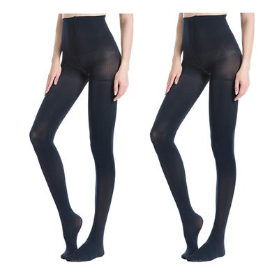 MANZI 2 Pairs Run Resistant Control Top Panty Hose Opaque Tights, Small, Navy blue