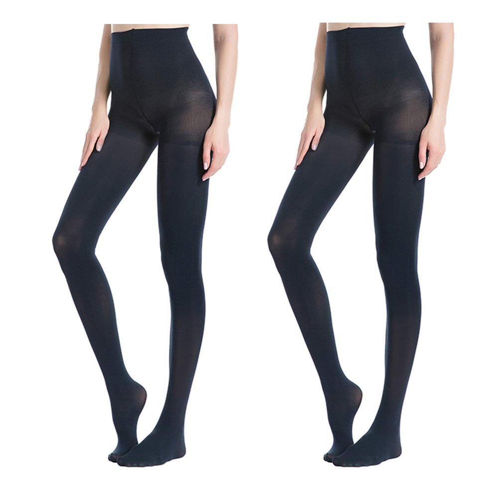 MANZI 2 Pairs Run Resistant Control Top Panty Hose Opaque Tights, Small, Navy blue