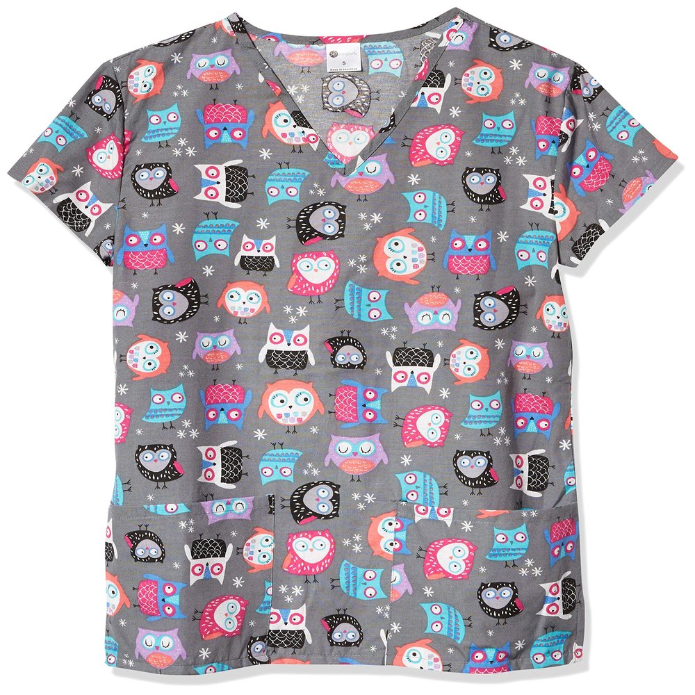 24|7 Comfort Scrubs Women's Grey Owls V Neck Scrub Top Shirt, Gray owl, Medium