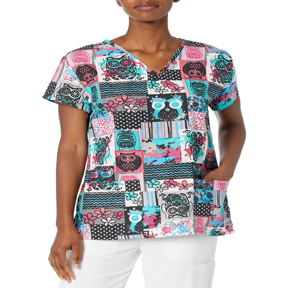 24|7 Comfort Scrubs Women's Night Owl V Neck Scrub Top Shirt, Night owl, Medium