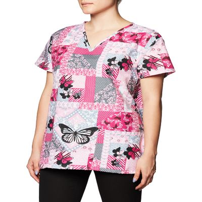 24|7 Comfort Scrubs Women's Butterfly Patches V Neck Scrub Top Shirt, Butterfly Patches, Small