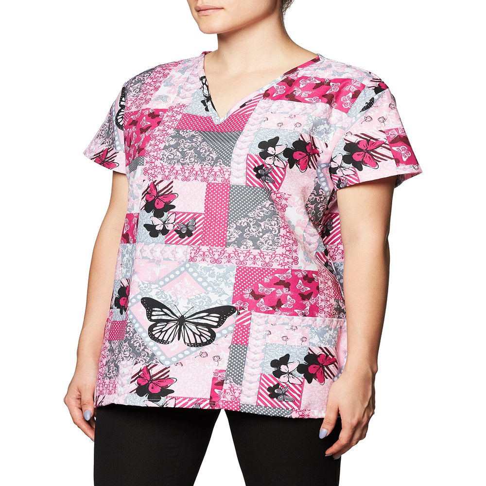 24|7 Comfort Scrubs Women's Butterfly Patches V Neck Scrub Top Shirt, Butterfly Patches, Small