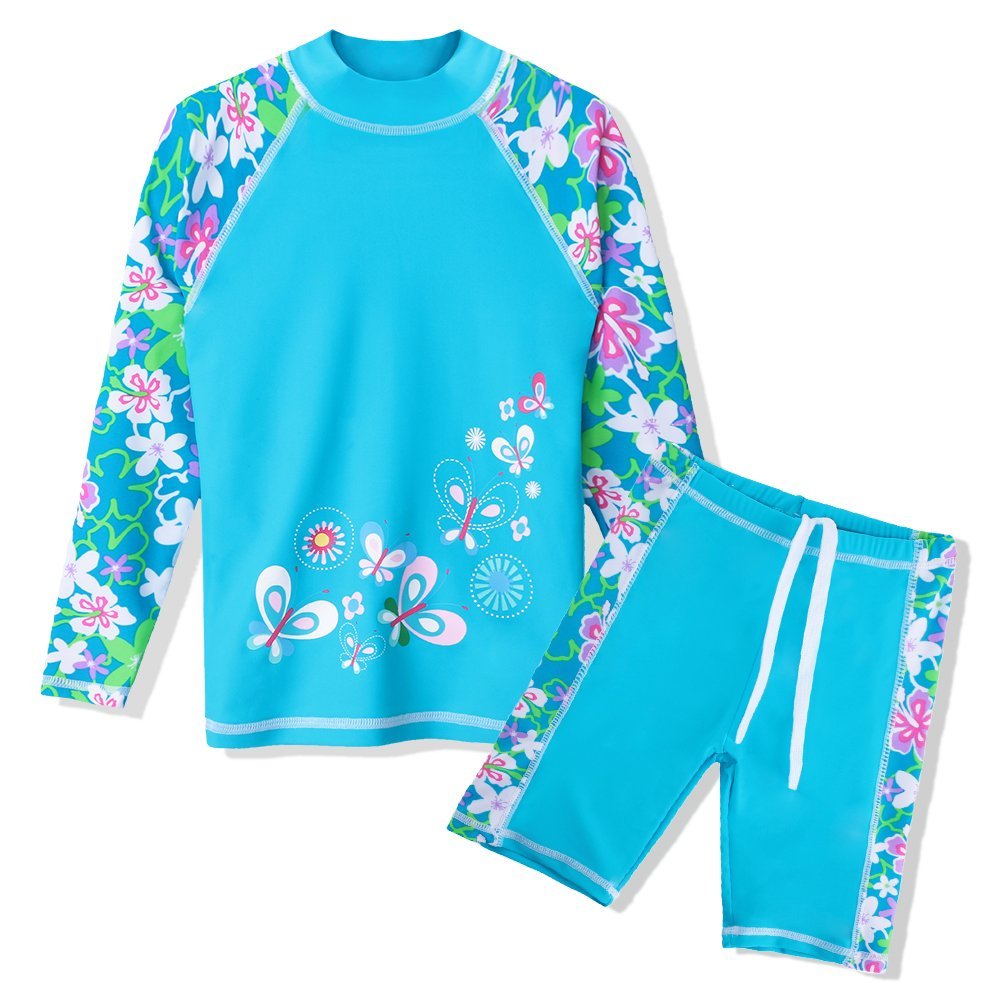 TFJH E 2 Piece Swimsuits for Girls UPF 50+ UV Sun Protetive Swimwear Size 7-8 Blue Flower 128/134
