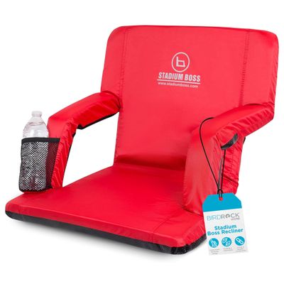 Stadium Boss Recliner Stadium Seat for Bleachers, Benches, Lawns, Backyard, Camping & Beach  Padded Sport Chair, Cushion Backs & Armrest  6 Reclining Positions  Portable Carry Straps  Red