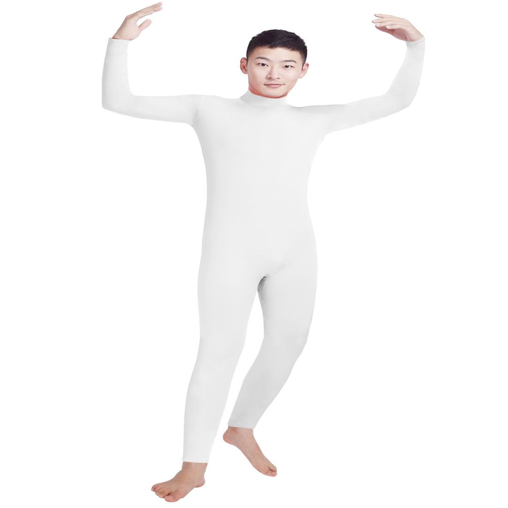 Shinningstar Men's Spandex Turtleneck Long Sleeve One Piece Dancewear Unitard Bodysuit (XXL, White)
