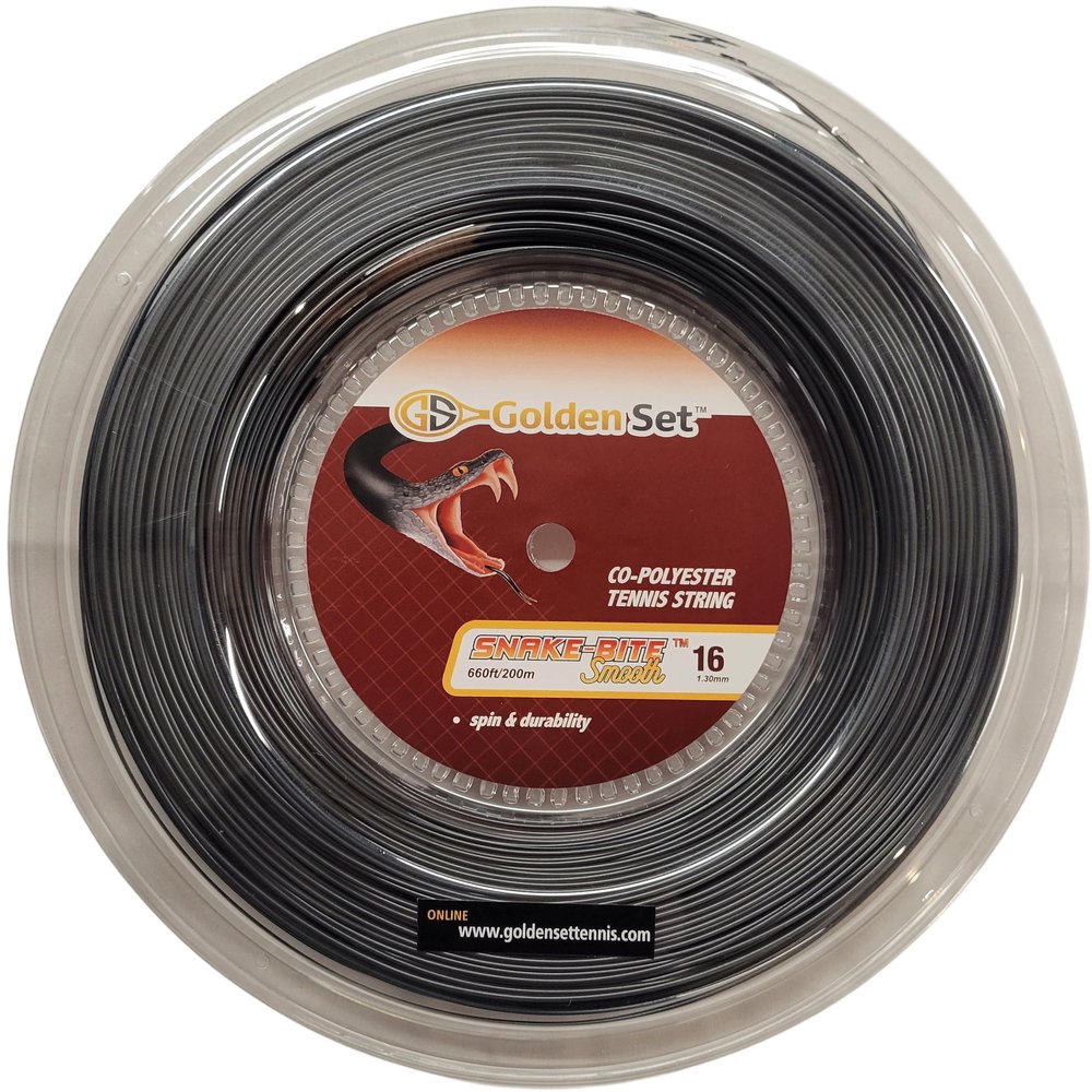 Golden Set Snake-Bite Smooth 16g (1.25mm), Reel (660ft/200m), Polyester Tennis String (Black)