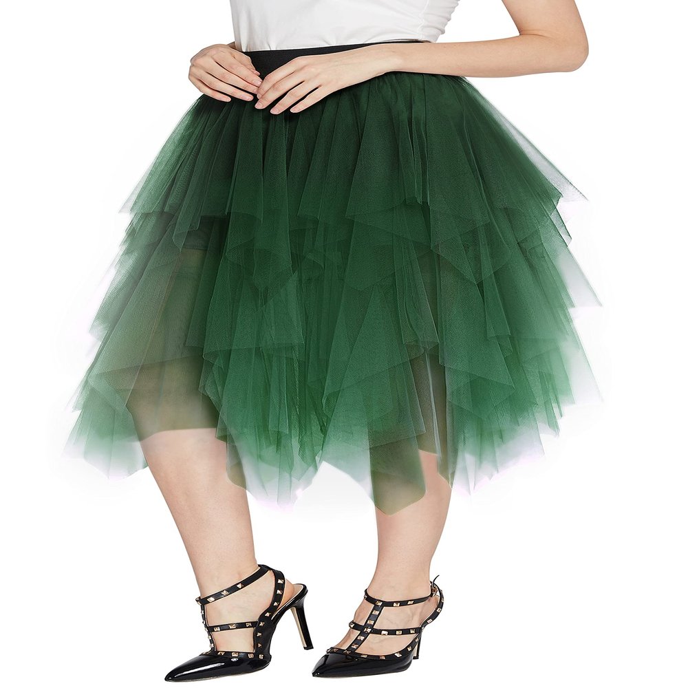 Urban CoCo Women's Sheer Tutu Skirt Tulle Mesh Layered Midi Skirt (XL, Dark Green)