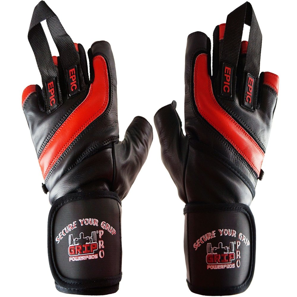 Epic Leather Gym Gloves with Built in 2" Wide Wrist Wraps Best Grip & Design for Weightlifting Power Lifting Bodybuilding & Strength Training Workout Exercises (RED, Small 7"- 7 1/2")