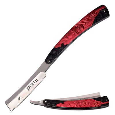 Dark Side Blades - Razor Style Folding Pocket Knife Satin Finish Stainless Steel Blade w/Red & Black Grim Reaper Design Aluminum Handle, EDC, Shave, Shaving, Fantasy, Collectible, DS-016RD