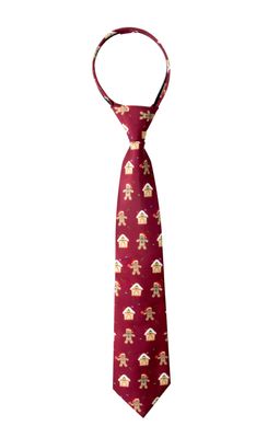 Spring Notion Boy's Printed Microfiber Christmas Theme Pretied Zipper Tie, Small Gingerbread Man on Burgundy