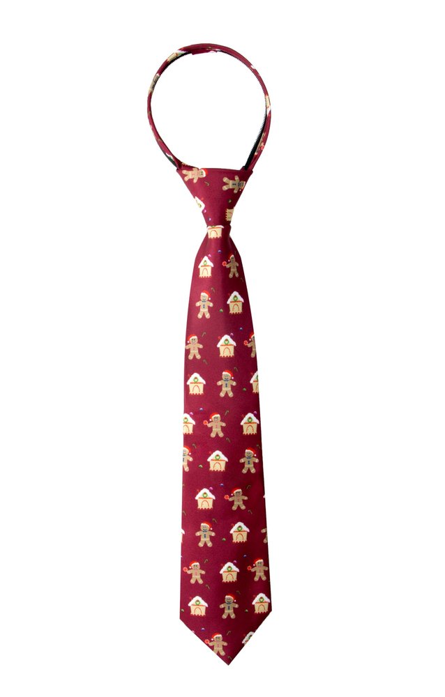 Spring Notion Boy's Printed Microfiber Christmas Theme Pretied Zipper Tie, Small Gingerbread Man on Burgundy