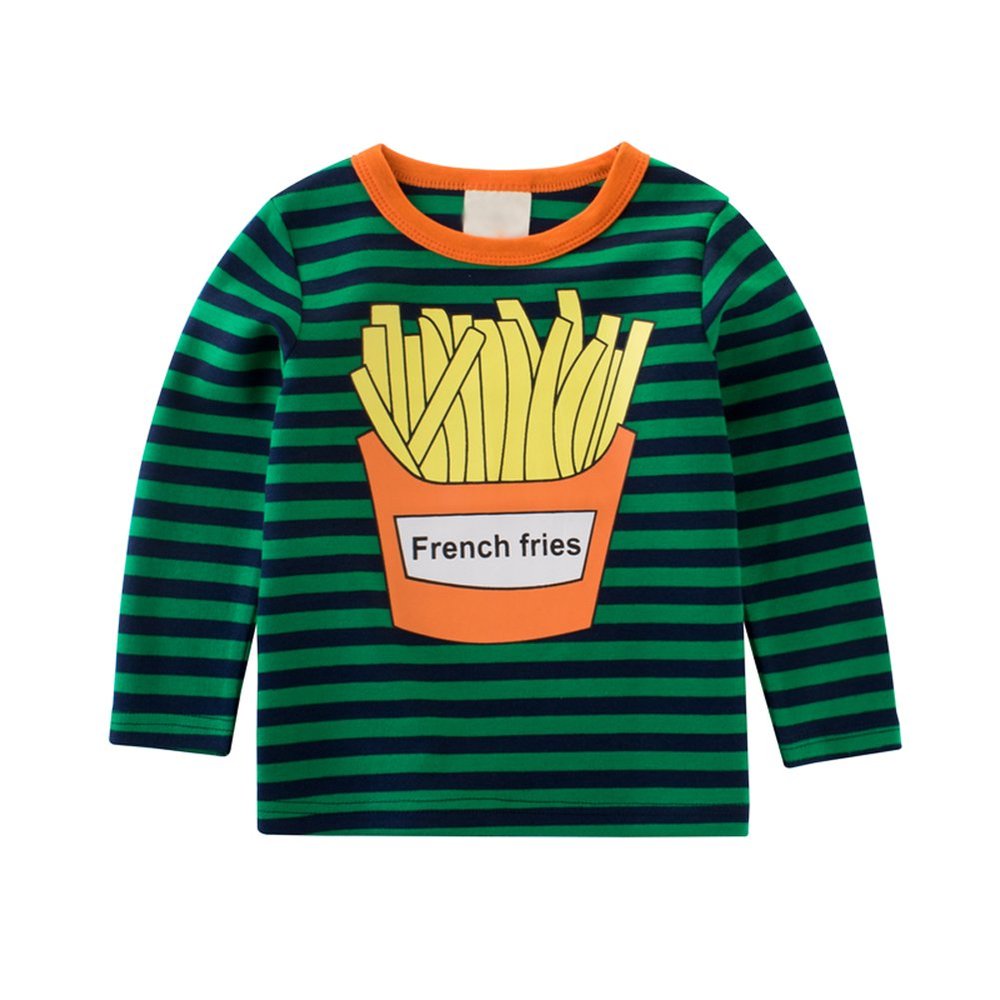 Motteecity Fashion Boys Stripe French Fries Fall Casual T-Shirt Green 3T