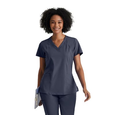 BARCO One Racer Classic Fit Scrub Top for Women  Steel, 4-Pocket V-Neck Scrub Shirt w/ 360 Spandex Stretch, Moisture Wicking, Anti-Static and Quick-Shed  5XL, Regular Fit