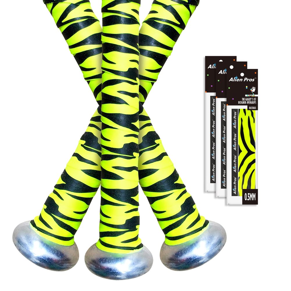 ALIEN PROS Bat Grip Tape 0.5MM for Baseball (3-Pack)  Precut and Pro Feel Bat Tape  Replacement for Old Baseball bat Grip  Wrap Your Bat for an Epic Home Run (3-Pack, Neon Tiger)