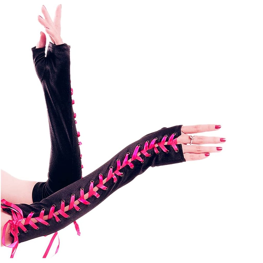 DreamHigh Womens sexy elbow Length Fingerless Lace Up Arm Warmer Satin Gloves-Rose