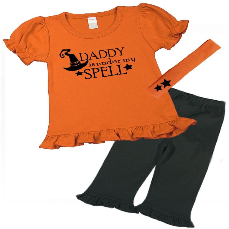 PandoraTees Toddler Girls Halloween Outfit - Daddy is Under My Spell, Orange, 2y