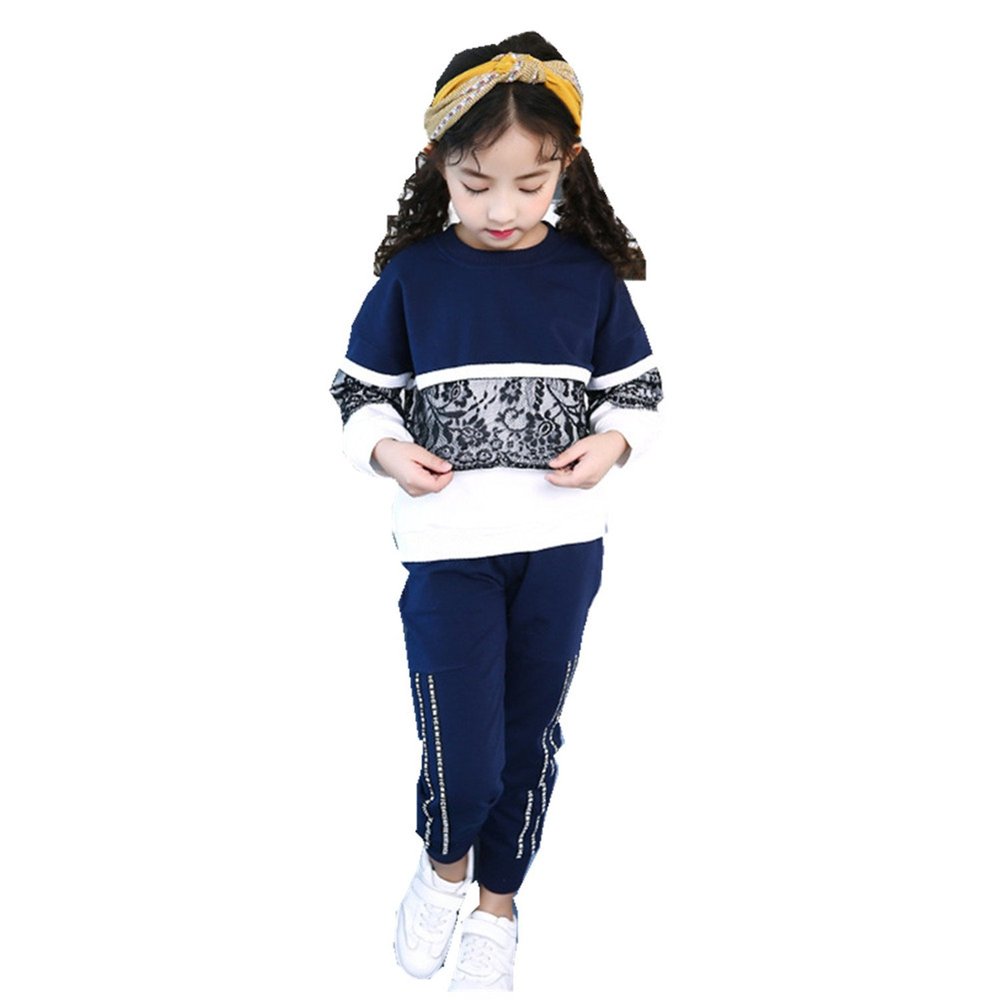 FTSUCQ Girls Activewear Sportsuit Lace Pullover Shirt and Pants Set,Blue 140