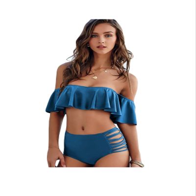 Letuwj Womens Swimwear Two Pieces Off Shoulder Side Bandage Bikini Blue Medium