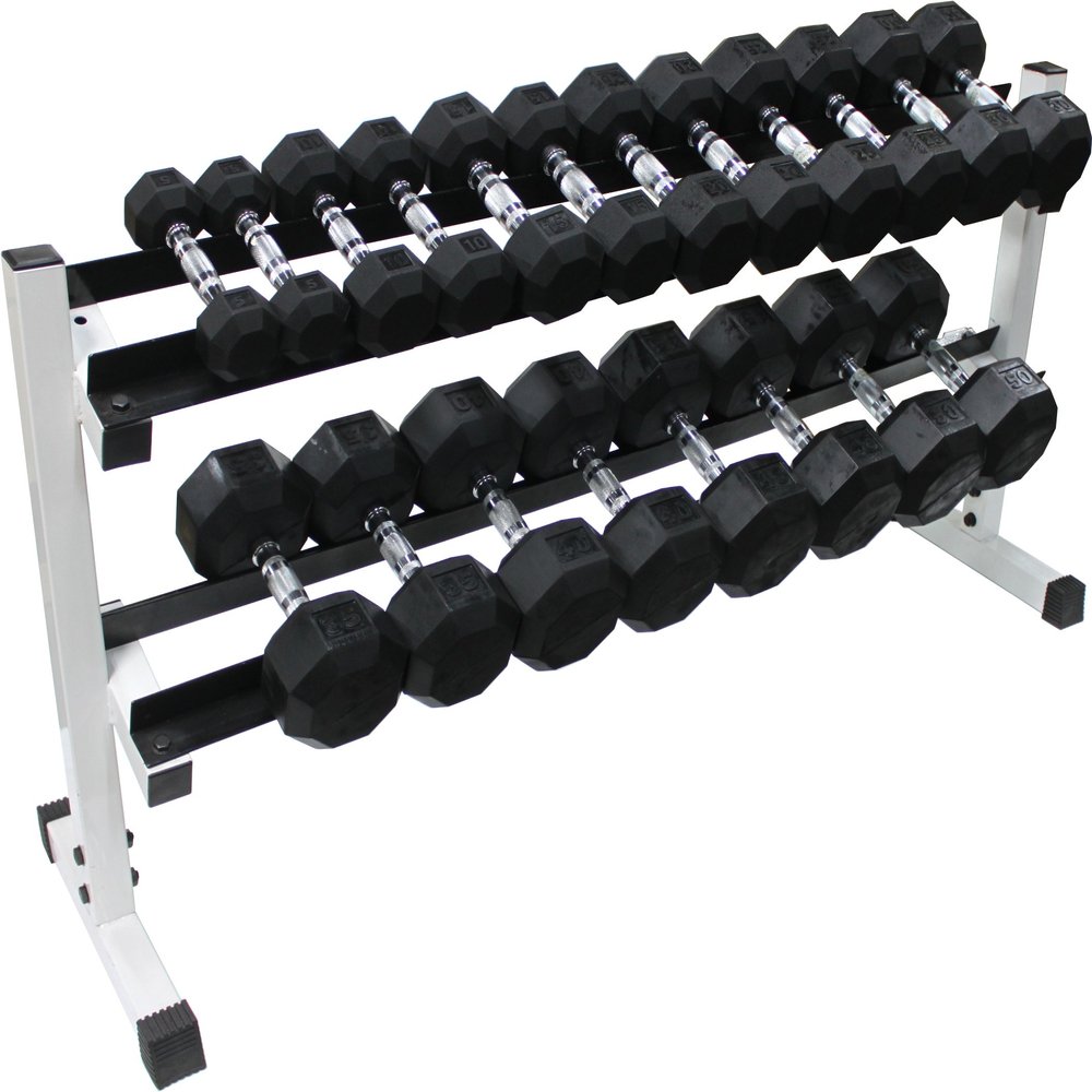Ader Black Rubber Dumbbells 5-50Lbs (550lb) with 2 Tier 54" Dumbbell Rack