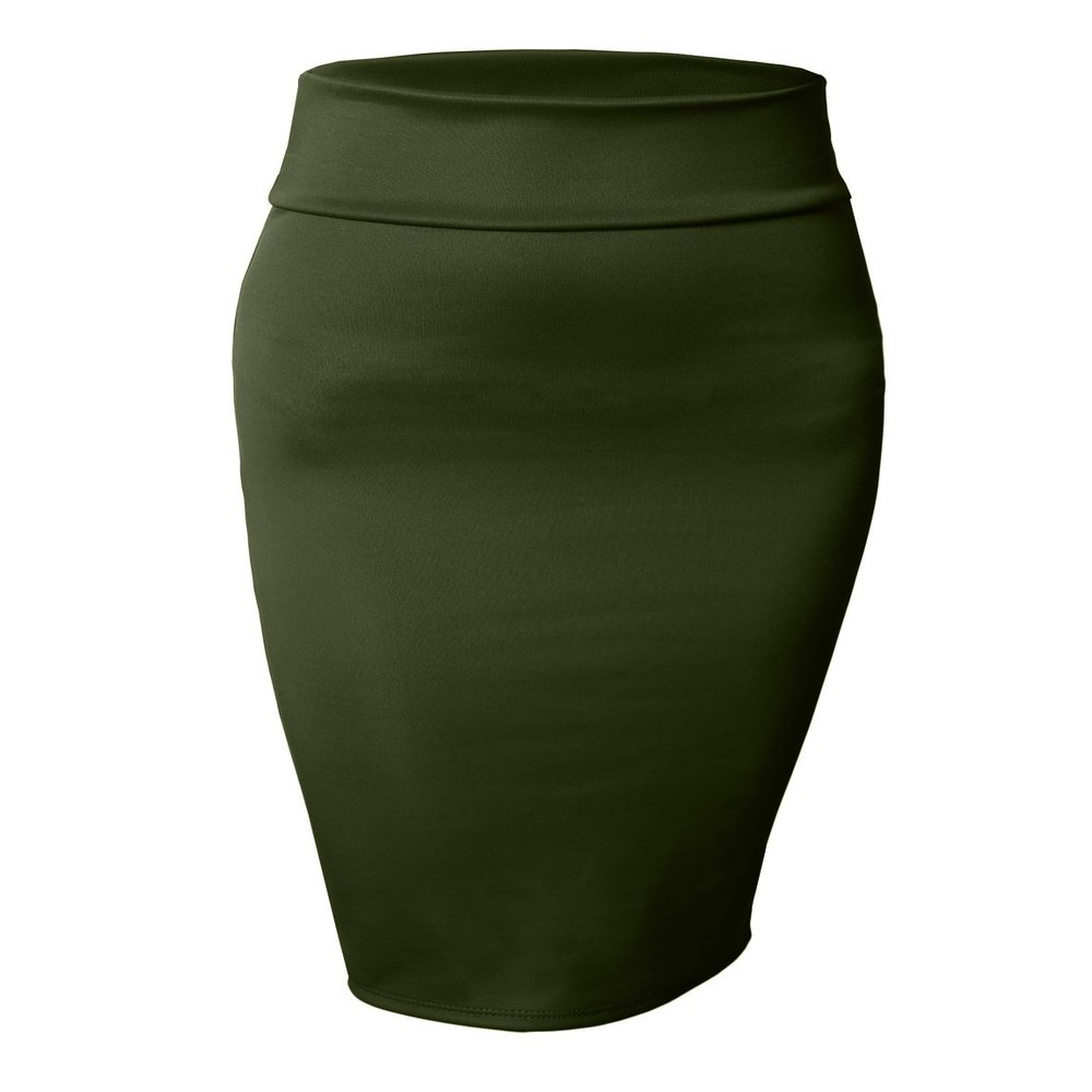 NE PEOPLE Women's Midi Skirt Stretch Knit Bodycon Slim Fit Office Elastic Waist Pencil Solid Skirt Made in USA NEWSK10 Oilve M