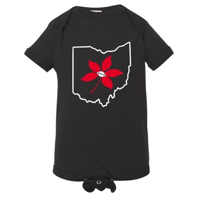Baby State Ohio Map Buckeye Leaf with Football HQ Jumpsuit-Blk-12M Black