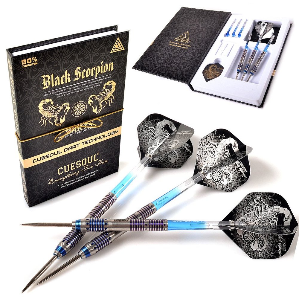 CUESOUL Black Scorpion 26g Tungsten Steel Tip Dart Set,Barrel with Blue Titanium Coated Finished