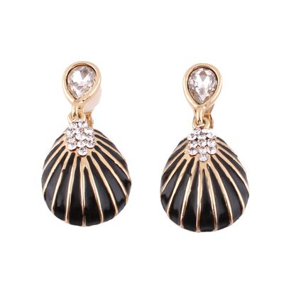 Bridal Vingtage Rhinestone Crystal Enamel Large Water Drop Shpae Dangle Earrings for Women Ear clip (Black ear needle)
