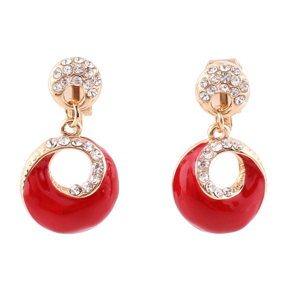 Grace Jun Gold Plated Rhinestone Enamel Round Shape Hollw-out Dangle Earrings for Women Ear Clip (Red clip-on)