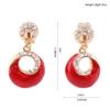Grace Jun Gold Plated Rhinestone Enamel Round Shape Hollw-out Dangle Earrings for Women Ear Clip (Red clip-on) view 3